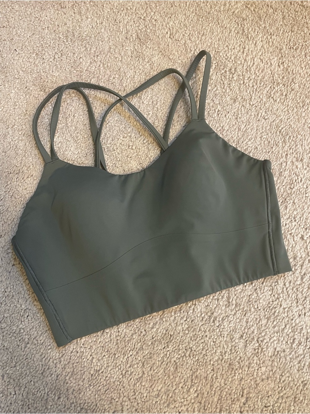 Women’s Strappy Bralette Crop Top - Olive Green/palm deco. Size 8. Like a cloud.